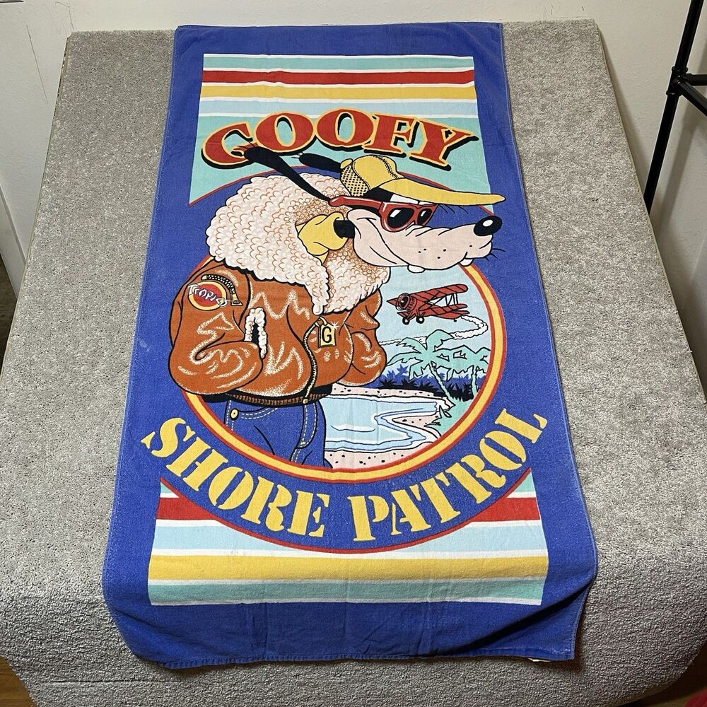 Vintage Franco Walt Disney Goofy Cotton Beach Towel 59x27” 1980s Shore Patrol